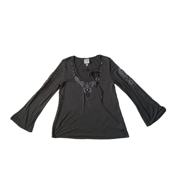 Knox Rose Green Gray Embroidered Beaded Long Sleeve Flowy Blouse Women's Size XS - Picture 1 of 12